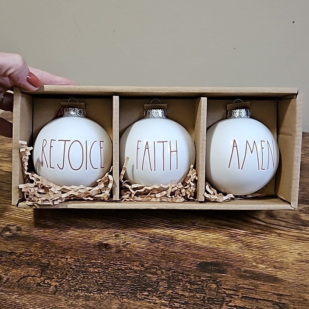 Rae Dunn by Magenta Set of 3 Rejoice, Faith, Amen Ceramic Bulb Ornaments